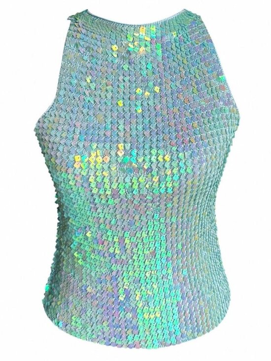 Manon Tops - Manon vintage blue/teal iridescent sequin crochet top with sequins and high neck